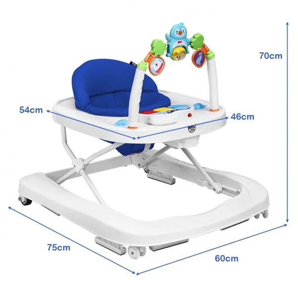 Trotteur pour Bébé de 6 à 18 Mois Compact Pliable 2 en 1 avec Siège Rembourré Plateau Jouets Amovible 75x60x70cm Bleu