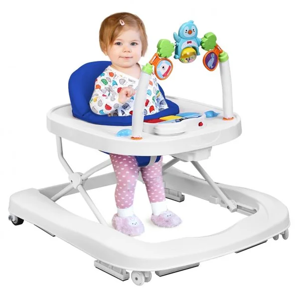 Trotteur pour Bébé de 6 à 18 Mois Compact Pliable 2 en 1 avec Siège Rembourré Plateau Jouets Amovible 75x60x70cm Bleu