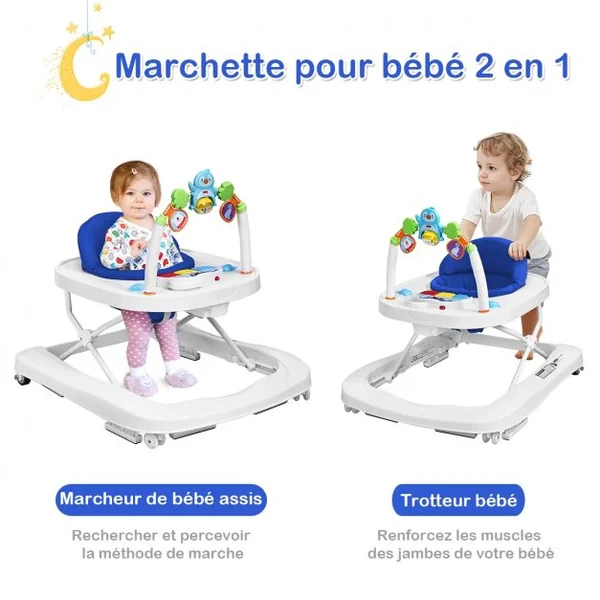 Trotteur pour Bébé de 6 à 18 Mois Compact Pliable 2 en 1 avec Siège Rembourré Plateau Jouets Amovible 75x60x70cm Bleu