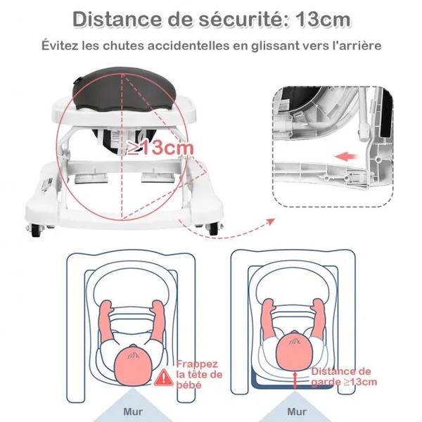 Trotteur pour Bébé de 6 à 18 Mois Compact Pliable 2 en 1 avec Siège Rembourré Plateau Jouets Amovible 75x60x70cm Gris