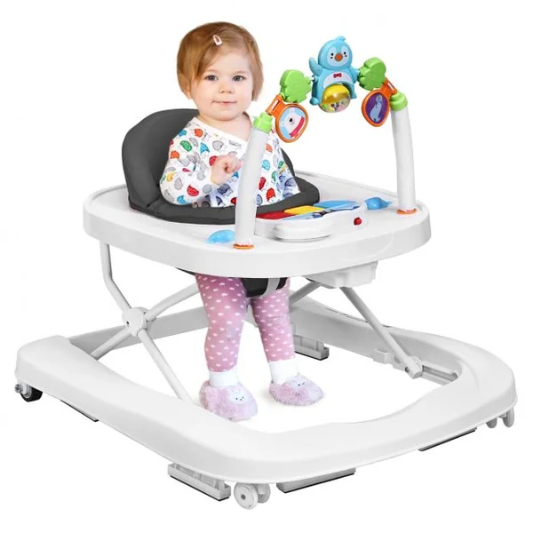 Trotteur pour Bébé de 6 à 18 Mois Compact Pliable 2 en 1 avec Siège Rembourré Plateau Jouets Amovible 75x60x70cm Gris