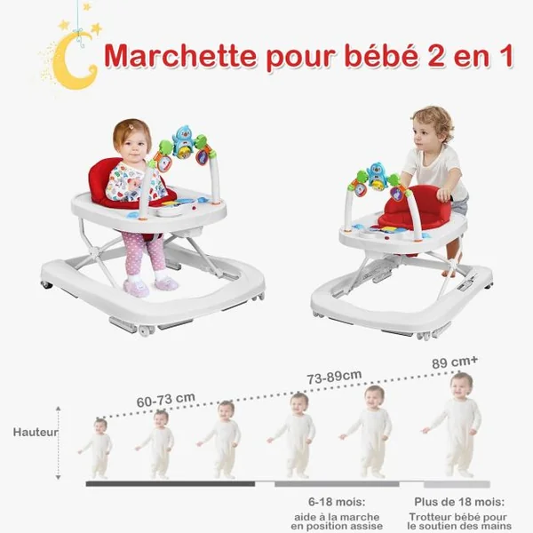 Trotteur pour Bébé de 6 à 18 Mois Compact Pliable 2 en 1 avec Siège Rembourré Plateau Jouets Amovible 75x60x70cm Rose