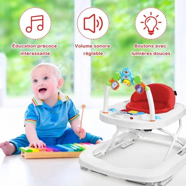 Trotteur pour Bébé de 6 à 18 Mois Compact Pliable 2 en 1 avec Siège Rembourré Plateau Jouets Amovible 75x60x70cm Rose