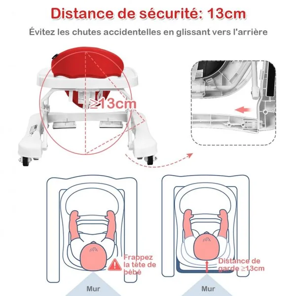 Trotteur pour Bébé de 6 à 18 Mois Compact Pliable 2 en 1 avec Siège Rembourré Plateau Jouets Amovible 75x60x70cm Rose