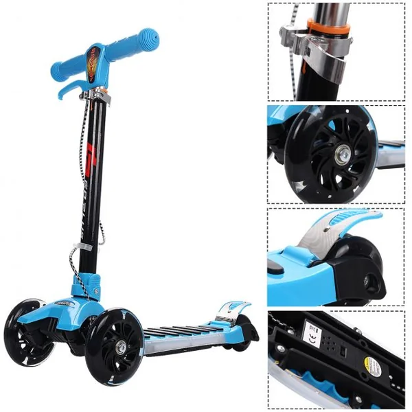 Trottinette enfant pliable Non électrique, 3 roues Lumières LED, Hauteur réglable 67-82cm, 50kg max, Aluminium, PP, Bleu