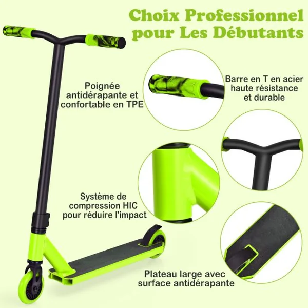 Trottinette Enfants 2 Roues Système de Compression HIC Roulements ABEC-9 Plateforme en Aluminium 7 Ans Charge 100KG Vert