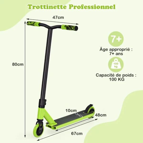 Trottinette Enfants 2 Roues Système de Compression HIC Roulements ABEC-9 Plateforme en Aluminium 7 Ans Charge 100KG Vert