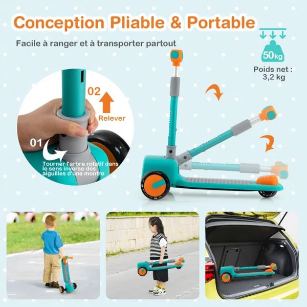 Trottinette Enfants Pliante 3 Roues PU Flash Hauteur Réglable 3-6 ans 4 Coques avant Emojis Charge max : 50 KG Vert