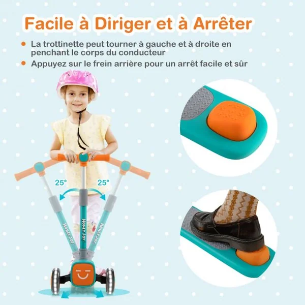 Trottinette Enfants Pliante 3 Roues PU Flash Hauteur Réglable 3-6 ans 4 Coques avant Emojis Charge max : 50 KG Vert