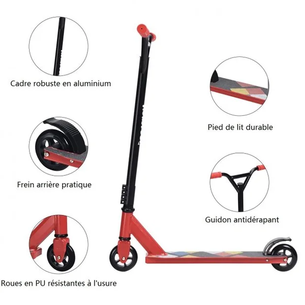 Trottinette Freestyle en Aluminium avec Roues en PU à 360° Frein Arrière et Guidon Antidéparant Support Jusqu'à 100KG Rouge