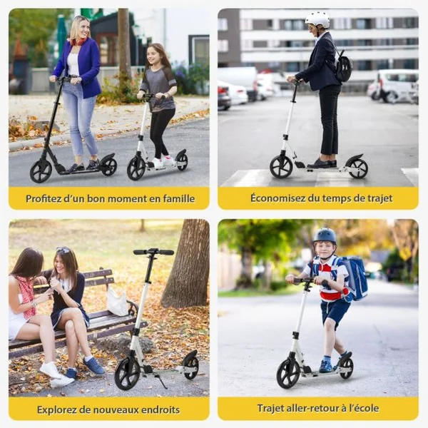 Trottinette Pliable en une Seconde avec Guidon Réglable Cadre en Aluminium Béquille Roulements ABCE-7 Charge 100 kg Blanc + Noir