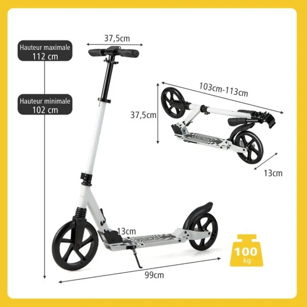 Trottinette Pliable en une Seconde avec Guidon Réglable Cadre en Aluminium Béquille Roulements ABCE-7 Charge 100 kg Blanc + Noir