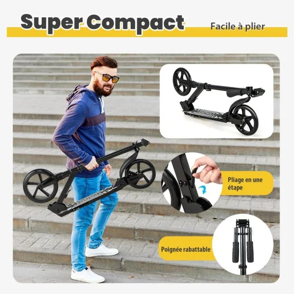 Trottinette Pliable en une Seconde avec Guidon Réglable Cadre en Aluminium Béquille Roulements ABCE-7 Charge 100 kg Noir