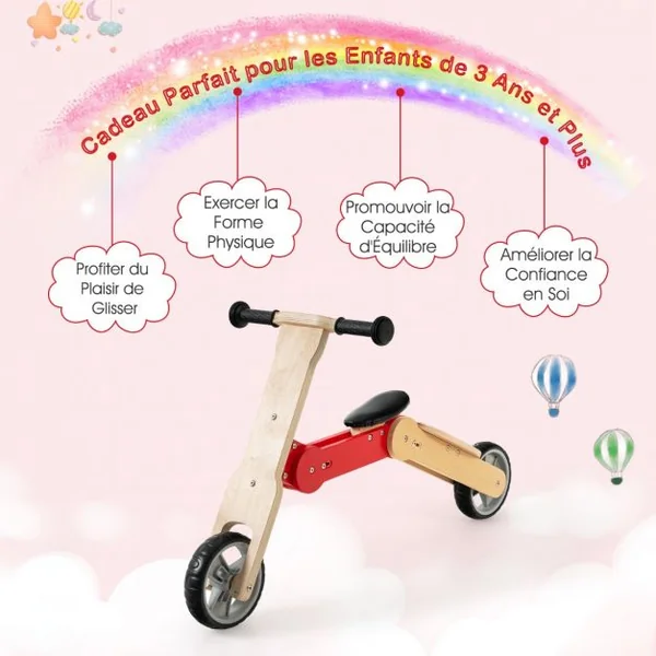 Trottinette pour Enfants 2 en 1 Ajustée à DraisienneSiège Amovible- Roues en EVA Cadre en Bois Charge Max.: 50KG 3 Ans +