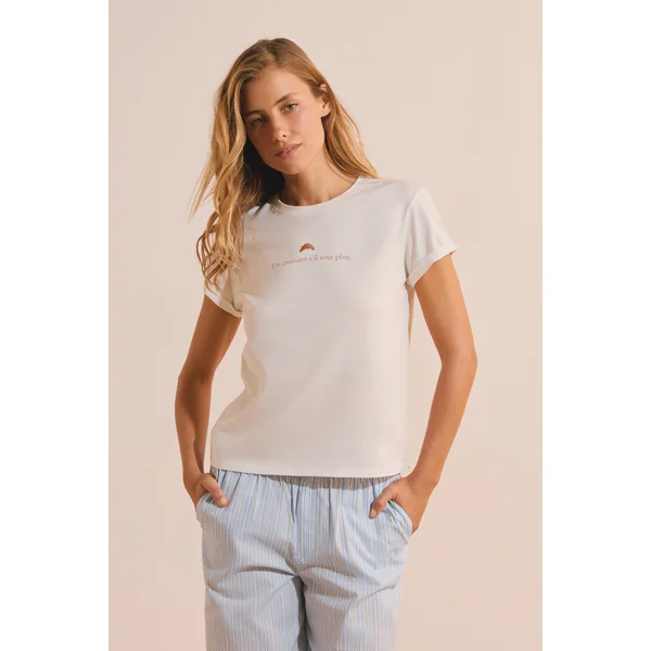 T-shirt de pyjama en coton à imprimé "un croissant s'il vous plaît"