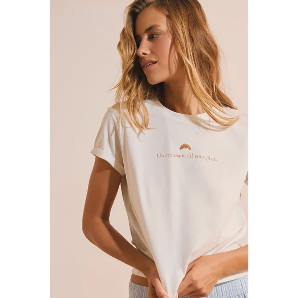 T-shirt de pyjama en coton à imprimé "un croissant s'il vous plaît"