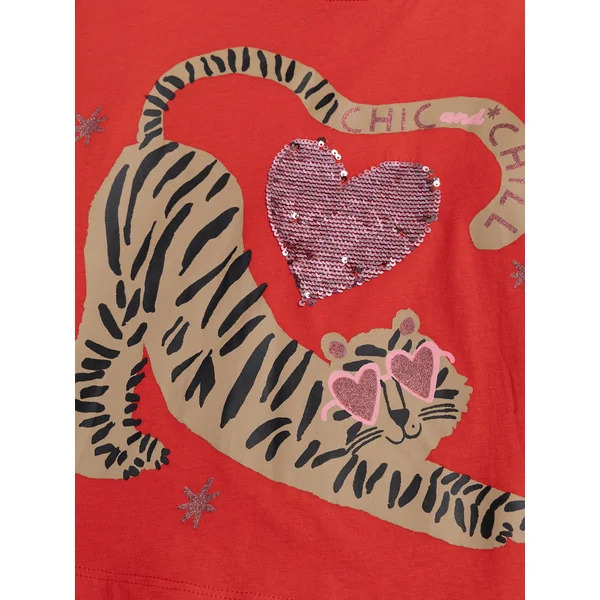 T-shirt manches longues rouge animation tigre et coeur sequins magiques - Soins Bébé Naturels & Produits Maman Après Naissance