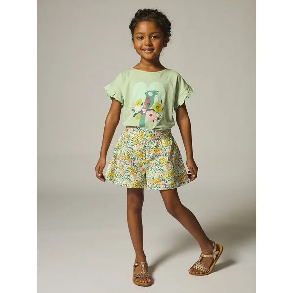 T-shirt vert d'eau à manches volantées animation oiseau - Soins Bébé Naturels & Produits Maman Après Naissance