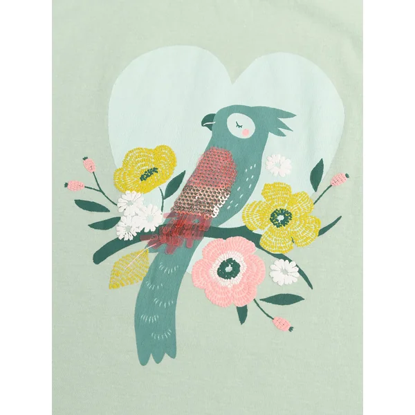 T-shirt vert d'eau à manches volantées animation oiseau - Soins Bébé Naturels & Produits Maman Après Naissance