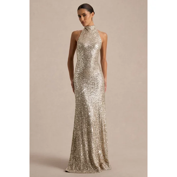 Tulia | Robe longue en sequins dorés à col montant