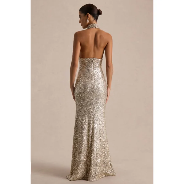 Tulia | Robe longue en sequins dorés à col montant