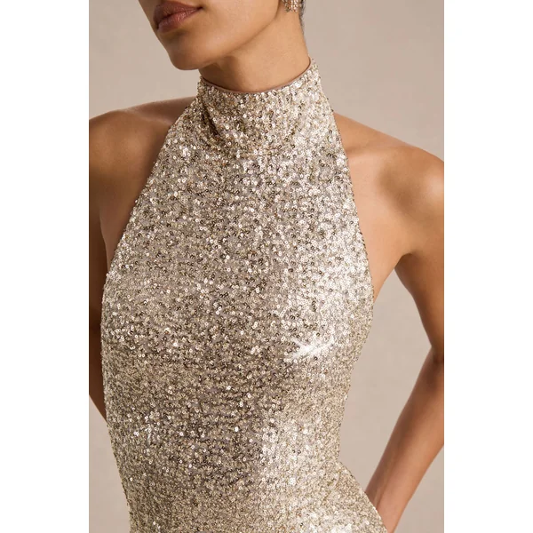 Tulia | Robe longue en sequins dorés à col montant