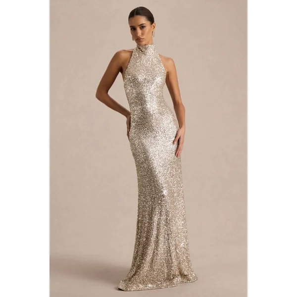 Tulia | Robe longue en sequins dorés à col montant
