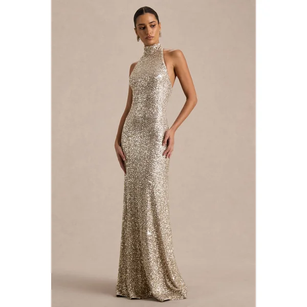Tulia | Robe longue en sequins dorés à col montant
