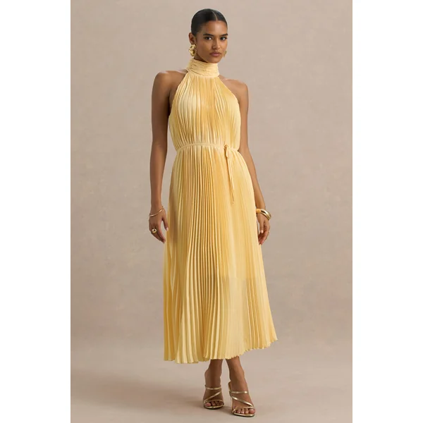 Tulip | Robe longue plissée jaune citron à col montant