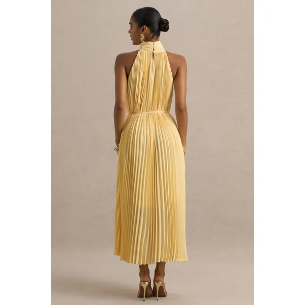 Tulip | Robe longue plissée jaune citron à col montant