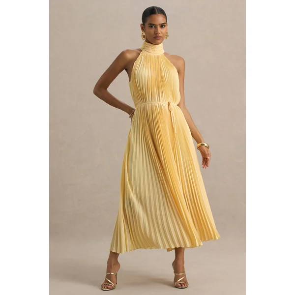 Tulip | Robe longue plissée jaune citron à col montant