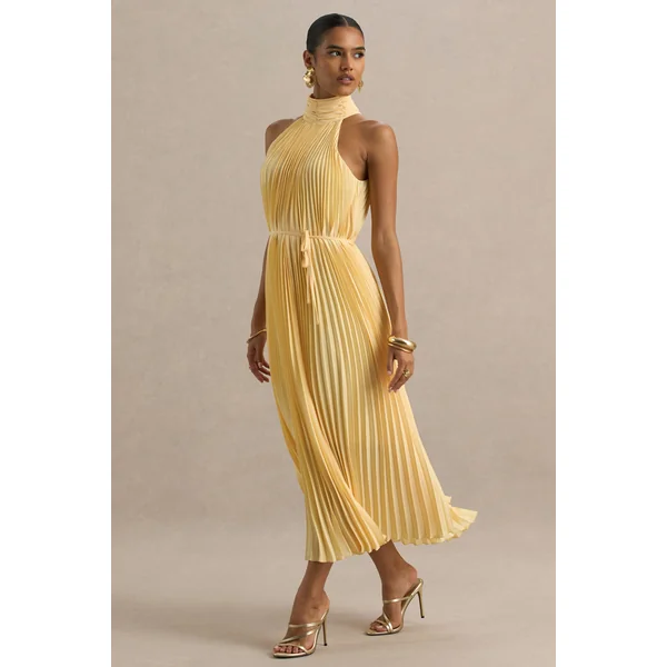 Tulip | Robe longue plissée jaune citron à col montant