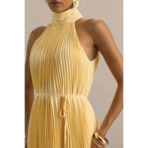 Tulip | Robe longue plissée jaune citron à col montant