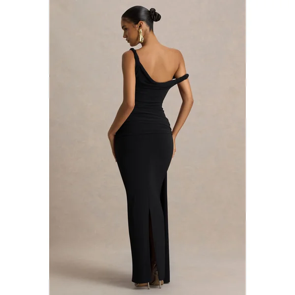 Tulisa | Robe longue noire à encolure asymétrique avec manches torsadées et détails froncés