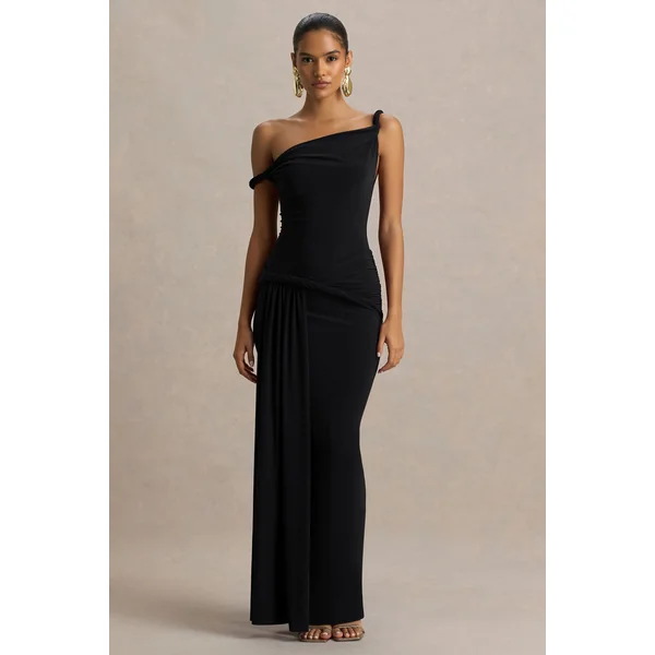Tulisa | Robe longue noire à encolure asymétrique avec manches torsadées et détails froncés