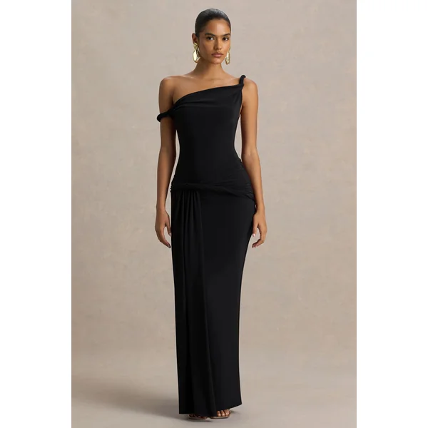 Tulisa | Robe longue noire à encolure asymétrique avec manches torsadées et détails froncés