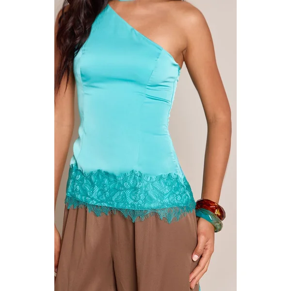 Turquoise Haut En Satin Avec Détail Foulard Et Contraste Dentelle