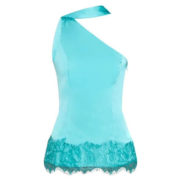 Turquoise Haut En Satin Avec Détail Foulard Et Contraste Dentelle
