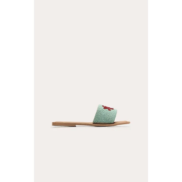 Turquoise Sandales Mules Plates Ornées De Crabe