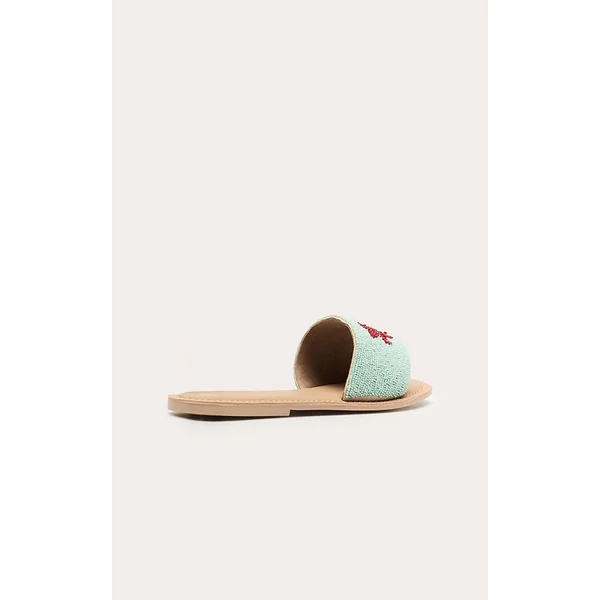Turquoise Sandales Mules Plates Ornées De Crabe
