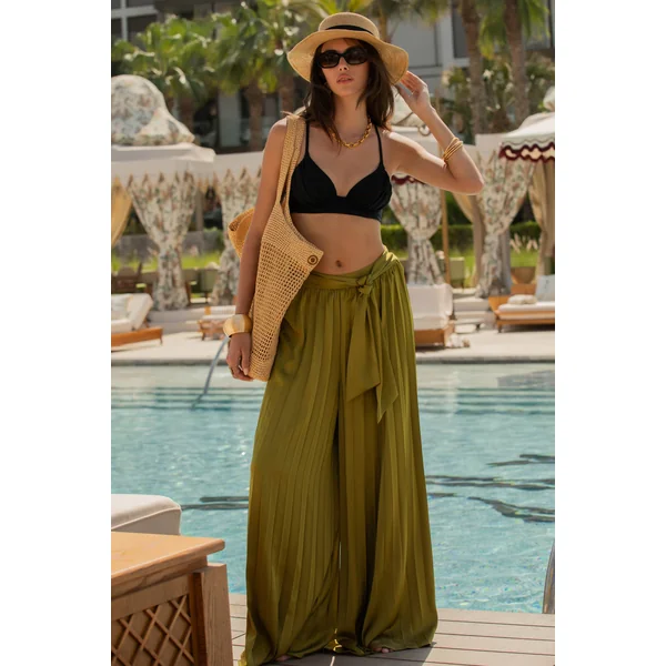 Tyrell | Pantalon large plissé en satin olive