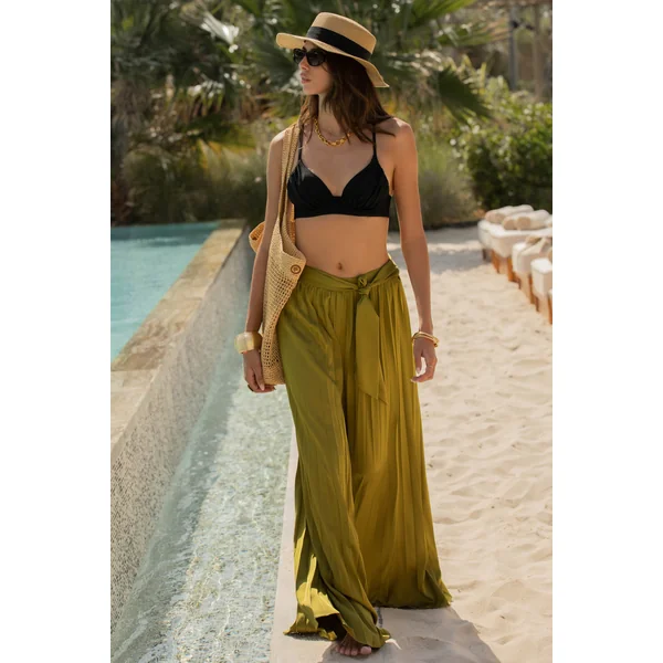 Tyrell | Pantalon large plissé en satin olive