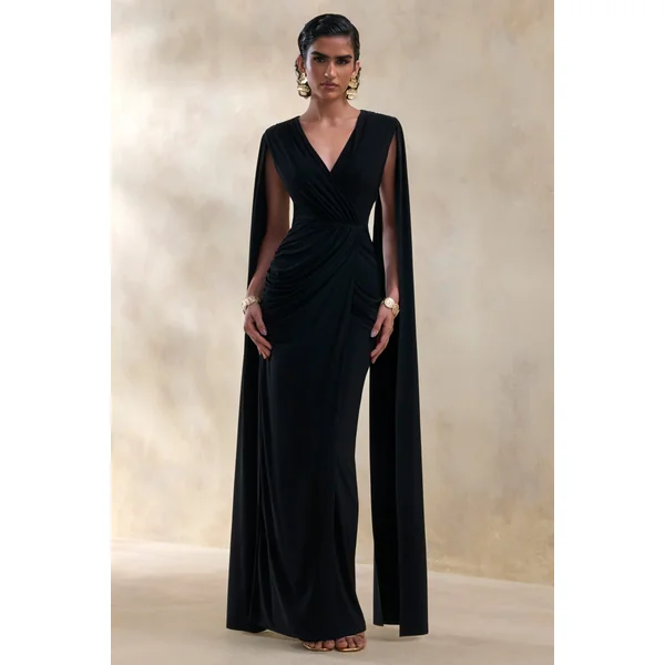 Ulissia | Robe longue noire à décolleté en V avec manches cape