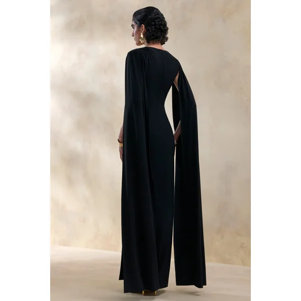 Ulissia | Robe longue noire à décolleté en V avec manches cape