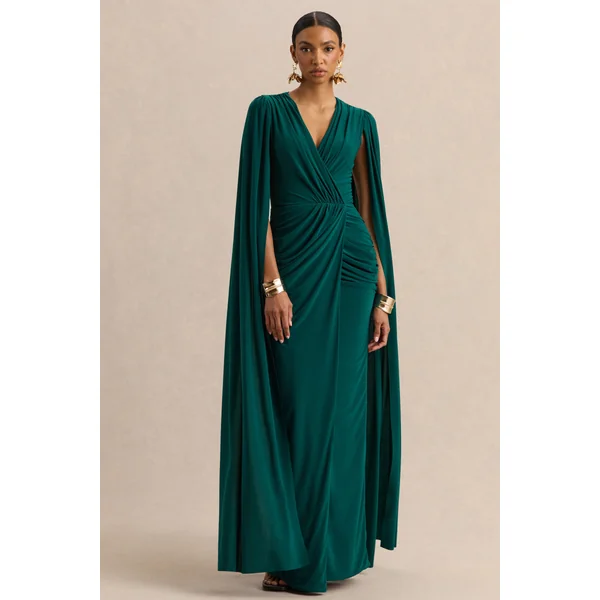 Ulissia | Robe longue vert bouteille à décolleté en V avec manches cape
