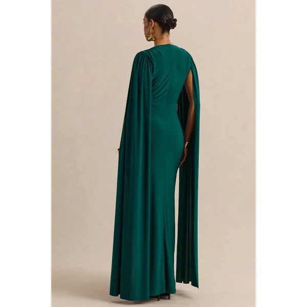 Ulissia | Robe longue vert bouteille à décolleté en V avec manches cape