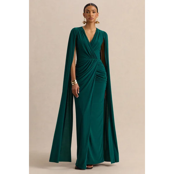 Ulissia | Robe longue vert bouteille à décolleté en V avec manches cape
