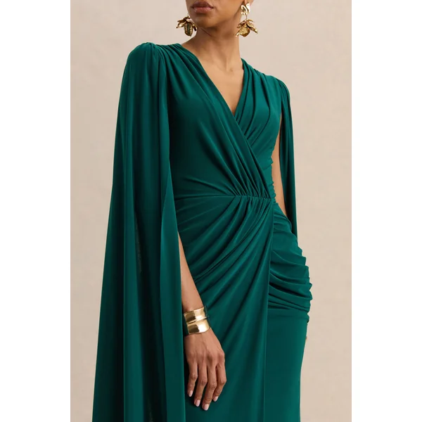 Ulissia | Robe longue vert bouteille à décolleté en V avec manches cape