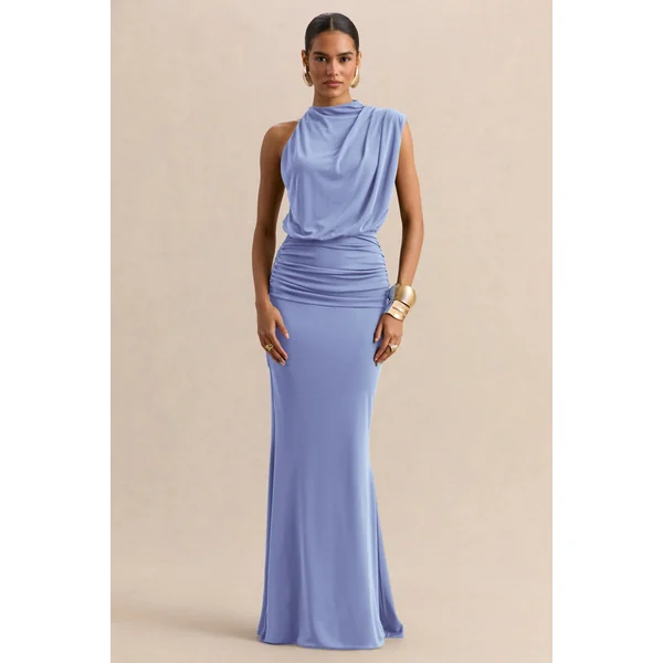 Umaira | Robe longue bleu poudré à encolure montante