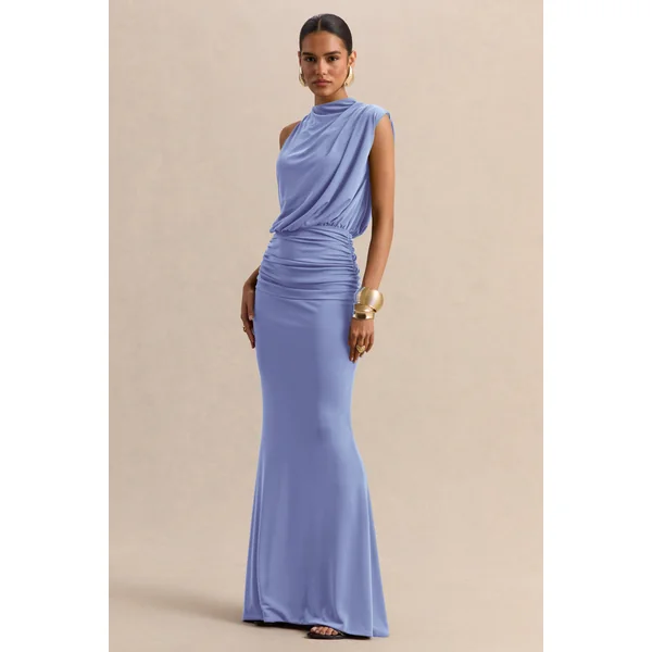 Umaira | Robe longue bleu poudré à encolure montante